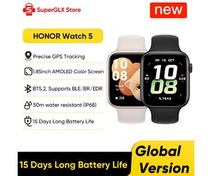 100% Original HONOR Watch 5 Smartwatch Global Version 1.85" AMOLED Display HONOR North Star Positioning System 480mAh 5ATM&IP68 Global Version Black