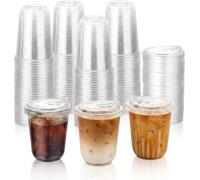 100 Pack 12 Oz Reusable Clear Plastic Cups, Heavy Duty PET Multi-Use Cups with Strawless Sip Lids, Strong Round Bottom Togo Cup for Smoothies Milkshake Iced Coffee, Washable Party Catering BBQ Cups