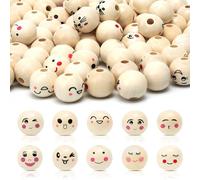 100 Pack 20mm Natural Wooden Beads with Faces, Round Smiling Face Wood Beads with 4mm Hole for DIY Jewelry, Bracelets, Macrame and Crafts