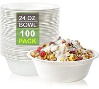 100 Pack - 24 Oz/750 ml, Bagasse Bowls, Biodegradable and Compostable, Eco-Friendly White Sugarcane Paper Bowls Perfect for Milk Cereals Snacks Salads Picnics & BBQ Parties