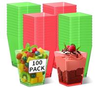 100 Pack 5 oz Christmas Plastic Mini Dessert Cups Clear Small Disposable Shooters Red and Green Square Mousse Bowls Drinking Cups for Fruit Pudding Mousse Xmas Wedding Birthday Holiday Party Supplies
