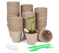 100 Pack 8cm Biodegradable Plant Pots, Round Seedling Pots, Seed Pots with 100Pcs Plastic Plant Labels and Transplanting Digging Tools, Garden Small Plant Pots for Seedlings, Flowers, Vegetables