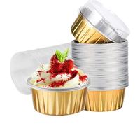 100 Pack Aluminum Foil Baking Cups with Lids 5 oz Dessert Cups Muffin Tins Disposable Mini Cake Pans Cupcake Cups Muffin Tins Liners for Wedding Birthday Individual Dessert Containers (Gold)