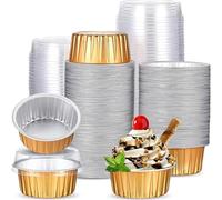 100-Pack Basque Cake Mold Gold Baking Cups with Lids | 5oz Recyclable Aluminium Foil Ramekins for Muffins, Puddings & Soufflés - Heatproof 260°C Cupcake Liners (Wedding/Party)