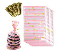 100 Pack Cellophane Bags, Pink Food Gift Bags with Resealable Twist Ties for Popcorn, Cookies, Dessert and Birthday Party Gift Wrapping