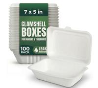 100 Pack Clamshell Takeaway Boxes 7x5 in - Disposable Bagasse Food Containers for Fish & Chips - Heavy Duty Microwave Safe Food Packaging Box for Parties Picnic Catering Restaurant Cafe Home Office