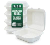 100 Pack Clamshell Takeaway Boxes 9x6 in - Disposable Bagasse Food Container for Fish & Chips - 900ml Microwave Safe Food Packaging Meal Boxes for Parties Picnic Catering Restaurant Office Home
