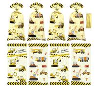 100 Pack Construction Cellophane Bags Diggers Bulldozer Truck Theme Plastic Bags with Gold Ties for Kids Boys Party Supplies