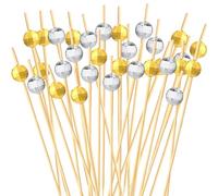 100 Pack Disco Ball Cocktail Picks, Mirror Appetizer Skewers, 4.7 Inch Fancy Toothpicks for Drinks Wedding Party Supplies, Bamboo Wooden Sticks for Fruits Snacks Canapes (Silver, Gold)