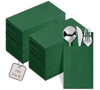 100-Pack Disposable Napkins With Pocket For Flatware, Green Napkins Paper For Christmas, Wedding, Dinner Or Party, Built-In Pocket For Silverware, Prefolded