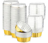 100 Pack Disposable Ramekins with Lids 8 oz Creme Brulee Ramekin Aluminum Foil Cup Cupcake Liner for Baking Disposable Muffin Tin Pan Cheesecake Container for Catering Wedding Party (Yellow, Silver)