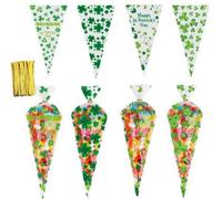 100 Pack Happy St. Patrick's Day Candy Bags, 4 Assorted Shamrock Cone Bags 13x25cm for School Parties, Parades, Gift Giving