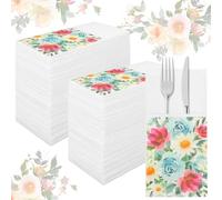 100 Pack Linen Feel Paper Napkins with Built-in Flatware Pocket, Floral Printed Cloth Like Guest Towels Prefolded Silverware Napkins for Wedding Party Birthday(White-Style 3-100pcs)