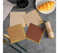 100 Pack Scalloped Edges Party Napkins, 5 x 5 Inch Gradient Color Paper Napkins Hand Towels Cocktail Napkins for Wedding Birthday Party Bridal Anniversary (Brown with Golden Edge)