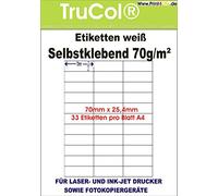 100 Pack self-adhesive white labels 70x25,4 on the DIN A4 25 1000 Sheets DIN A4 70 g/m² Suitable for Inkjet Printers, Laser Printers and Copiers. 100 Blatt / 3300 Etiketten