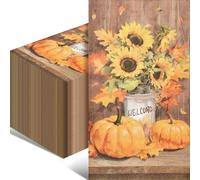 100 Pack Thanksgiving Pumpkin Paper Napkins - 13 x 16 Inches Unfolded, Disposable Rustic Sunflower and Fall Leaf Napkins for Autumn Harvest Friendsgiving Thanksgiving Parties Table Decorations