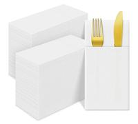 100 Pack White Disposable Dinner Napkins with Flatware Pocket, Dinner Napkins Multifold Paper Towel, Pre Folded Linen Touch, Soft Absorbency, No Flakes, White Dinner Napkin for Daily Party Kitchen
