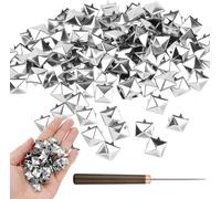 100 PCS 10mm Pyramid Studs Kit for Clothing with Awl Tool, 4-Prong Silver Metal Spikes for DIY Punk Rock Leather Craft, Jackets, Belts & Bags, Four-Jaw Metal Spikes with Setter Tool
