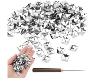100 PCS 10mm Pyramid Studs Kit for Clothing with Awl Tool, 4-Prong Silver Metal Spikes for DIY Punk Rock Leather Craft, Jackets, Belts & Bags, Four-Jaw Metal Spikes with Setter Tool