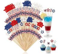100 Pcs 4th of July Cocktail Picks - 4.7" Bamboo Star Toothpicks for Appetizers, Drinks & Fruit | Patriotic Red White Blue Party Supplies for Independence Day, US 250th Anniversary