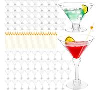 100 Pcs 5 oz Plastic Martini Glasses Set Includes 50 Pcs Tall Cocktail Glasses and 50 Pcs Short Martini Cups with 100 Pcs Cocktail Sticks for Birthday Wedding Disco Parties Wine Dessert Puddings