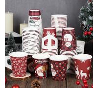 100 PCS 9 Oz Christmas Disposabl Coffee Cups with Handles Snowman Elk Xmas Cute Paper Cups for Hot Cold Drinks Tea Beverage Espresso Chocolate Cocoa Holiday Party Birthday Table Decorations Supplies