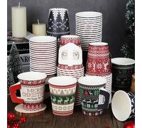 100 PCS 9 Oz Christmas Disposabl Paper Cups with Handles Xmas Ugly Sweater Pattern Coffee Cup for Hot Cold Drinks Tea Beverage Espresso Chocolate Cocoa Holiday Birthday Table Decorations Supplies