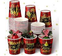100 Pcs 9oz Christmas Paper Cups Disposable Xmas Party Cups Christmas Cups Red Black Paper Cups Christmas Buffalo Plaid and 5 Design Cups for Christmas Holiday Party, Daily Use, Coffee Cold Hot Drinks
