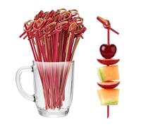 100 Pcs Bamboo Skewers, Burger Sticks, Mini Food Picks Fruit Toothpicks Cocktail Sticks Seafood Sticks for Drinks, Canapes, Appetizers Party Supplies (12cm, Red)