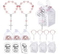 100 Pcs Baptism Favors Set - Includes 25 Mini Rosary, 25 Baptism Favor Boxes, 25 White Organza Bags, 25 Kraft Thank You Tags for Christening, Communion, Baby Shower, Party Decorations (Pink)
