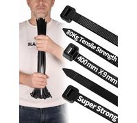 100 PCS Black Cable Ties Heavy Duty, 400mm x 9mm Long with 80 KGS Ultra Strong Tensile, Large UV Resistant Zip Ties, Long Tie Wraps for HVAC Outdoor Use