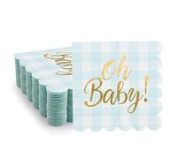 100 Pcs Blue Baby Shower Napkins Plaid Cocktail Napkins Folded 5 x 5 Inches Dessert Disposable Napkins Gold Foil “Oh Baby" Printed Napkins Baby Shower Decorations for Birthday Party Celebrations