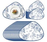100 Pcs Blue Floral Paper Placemats 16.5" x 13" Pebble Shape Floral Paper Placemats Disposable Chinoiserie Flower Place Mats for Dinner Table Setting Wedding Baby Shower Bridal Tea Party Decor