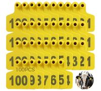 100 PCS Cattle Ear Tags, Yellow Plastic Tags, 001-100 Number Printed, Round Tip Design, Livestock Identification Tools for Cattle, Sheep and Goats