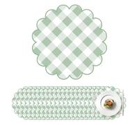 100 Pcs Checkered Paper Placemats Green Gingham Place Mats 13.5 Inch Disposable Round Decorative Dining Table Mat with Scalloped Edge Paper Cutouts Decor for Picnic BBQ Table Party Supplies