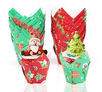 100 Pcs Christmas Cupcake Wrappers and Liners - Tulip Muffin Cases With Tree and Snowman Designs for Xmas Party Dessert Decoration