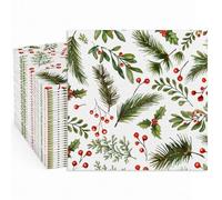 100 Pcs Christmas Disposable Paper Napkins, Watercolor Pine Branch Holly Red Berry Winter Greenery Design 2-Ply Absorbent Table Napkins for Christmas Dinner, Holiday Party & Winter Decor