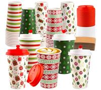 100 Pcs Christmas Hot Coffee Cups with Lids, 16 Oz Christmas Disposable Paper Cups with Lids and Sleeves, Xmas Paper Cup for Hot Cold Drinks Hot Cocoa Drinking Xmas Holiday Winter Party Supplies