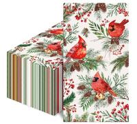 100 PCS Christmas Paper Napkins for Bathroom & Dinner, Disposable Guest Towels with Red Cardinal Bird Greenery Design - Vintage Watercolor Party Decor