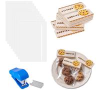 100 Pcs Clear Cookie Bags with 100 Pcs Cute Topper Cards and Mini Stapler Set, Self Seal Cellophane Treat Bags for Homemade Cookies Biscuits Baking Packaging Party Favours
