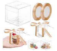 100 Pcs Clear Gift Boxes for Favors, 5x5x5cm Small Transparent Plastic Cake Candy Chocolate Macaron Packing Favour Boxes for Birthday Wedding Baby Shower Festival Party Bakery (with Ribbon)