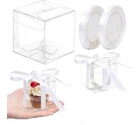 100 Pcs Clear Gift Boxes for Favors, 5x5x5cm Small Transparent Plastic Cake Candy Chocolate Macaron Packing Boxes for Birthday Wedding Baby Shower Festival Party Bakery (with White Ribbon)