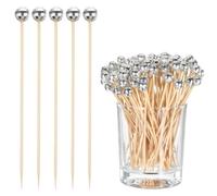 100 Pcs Cocktail Picks Toothpicks, 4.7 Inch Silver Cocktail Picks Wooden Food Pick Skewers Decorative Toothpick Mirror Ball Drink Stirrers for Appetizers, Food, Drinks, Fruits, Party Supplies