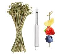 100 PCS Cocktail Sticks+1PCS 8mm Corer,4.7 in / 12 CM Bamboo Skewers with Looped Kont End,Cocktail Skewers Suitable for Cocktail Drinks, Fruits, Appetizers, Sandwiches, Snacks
