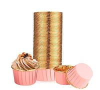100 Pcs Cupcake Cases, Cake Muffin Liners, Greaseproof Foil Baking Cups Paper Wrappers, Foil Metallic Cupcake Paper Cups Household Oven Birthday Wedding Party Muffins Pastry Molds (Pink)