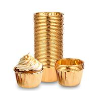 100 Pcs Cupcake Cases, Cake Muffin Liners, Greaseproof Foil Baking Cups Paper Wrappers, Foil Metallic Cupcake Paper Cups Household Oven Birthday Wedding Party Muffins Pastry Molds (Gold)