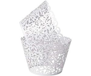 100 PCS Cupcake Wrappers, Cupcake Cases Artistic Bake Cake Paper Cups Lace Filigree Cupcake Liners Laser Cut Cupcake Muffin Cups for Wedding Party Birthday Decoration (White)