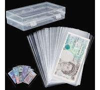 100 PCS Currency Sleeves - Clear Dollar Holder with Storage Box Banknote Protector for Paper Money Bills Stamps Collection Supplies