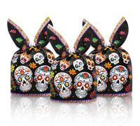 100 Pcs Day of the Dead Candy Bags, Bunny Ear Treat Bags with Sugar Skull Design, Plastic Loot Bags for Día de los Muertos Party Favors, Candy, Cookies and Gifts