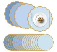 100 Pcs Dusty Blue Paper Placemats 13.5 Inch Disposable Scalloped Colorful Pastel Round Table Place Mats with Gold Edges, Decorative Colors Mats for Birthday Wedding Bridal Shower Banquet Tea Party